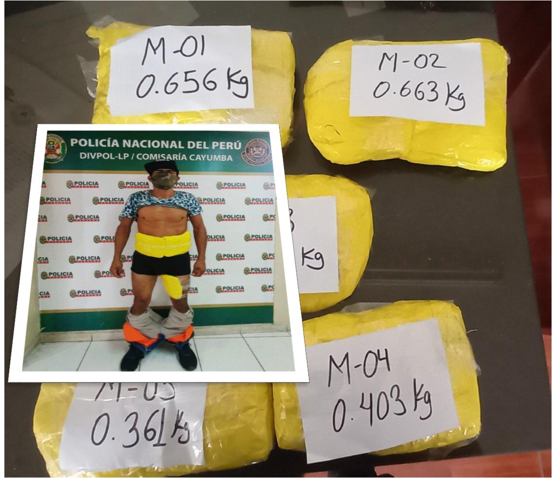 Sorprenden a pasajero “momia” con más de dos kilos de cocaina