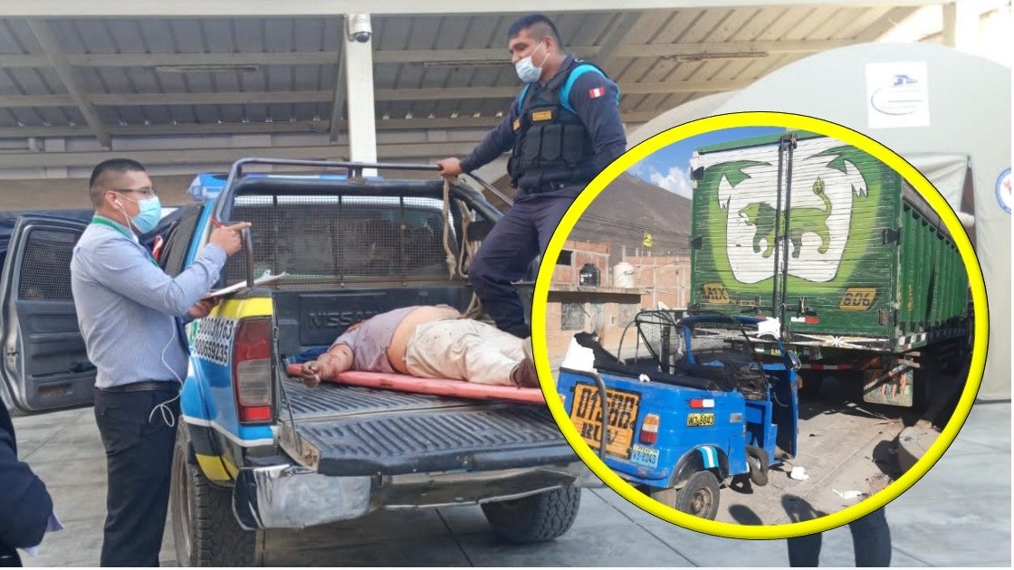 Serenos auxilian a motototaxista que quedó herido tras chocar su vehículo contra un camión