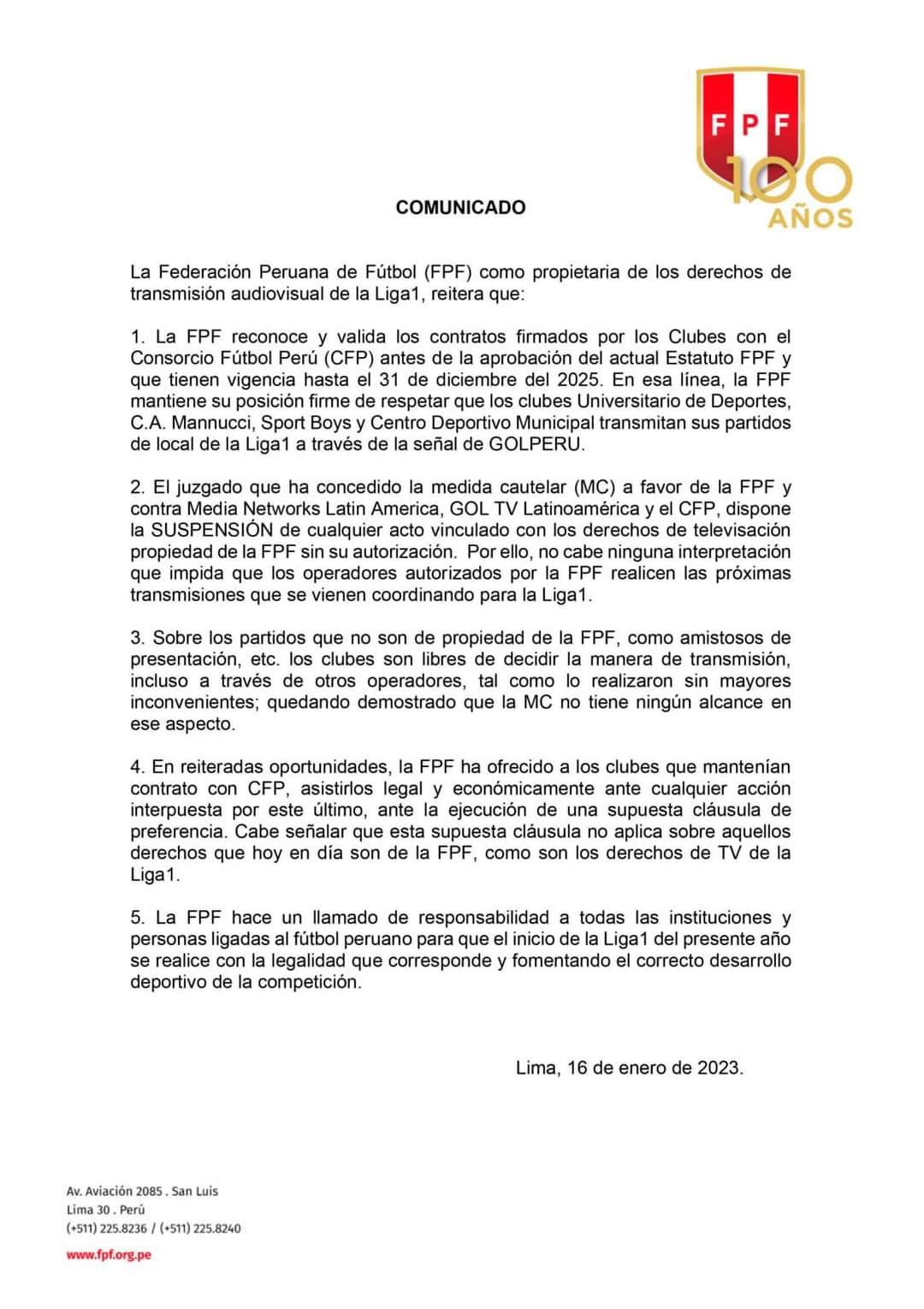 La FPF retrocede y acepta transmisión de partidos