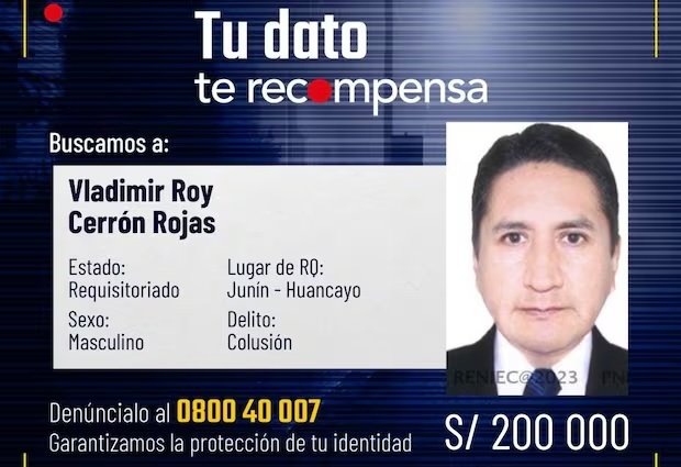 Ministerio del Interior duplicó recompensa por información sobre Vladimir Cerrón