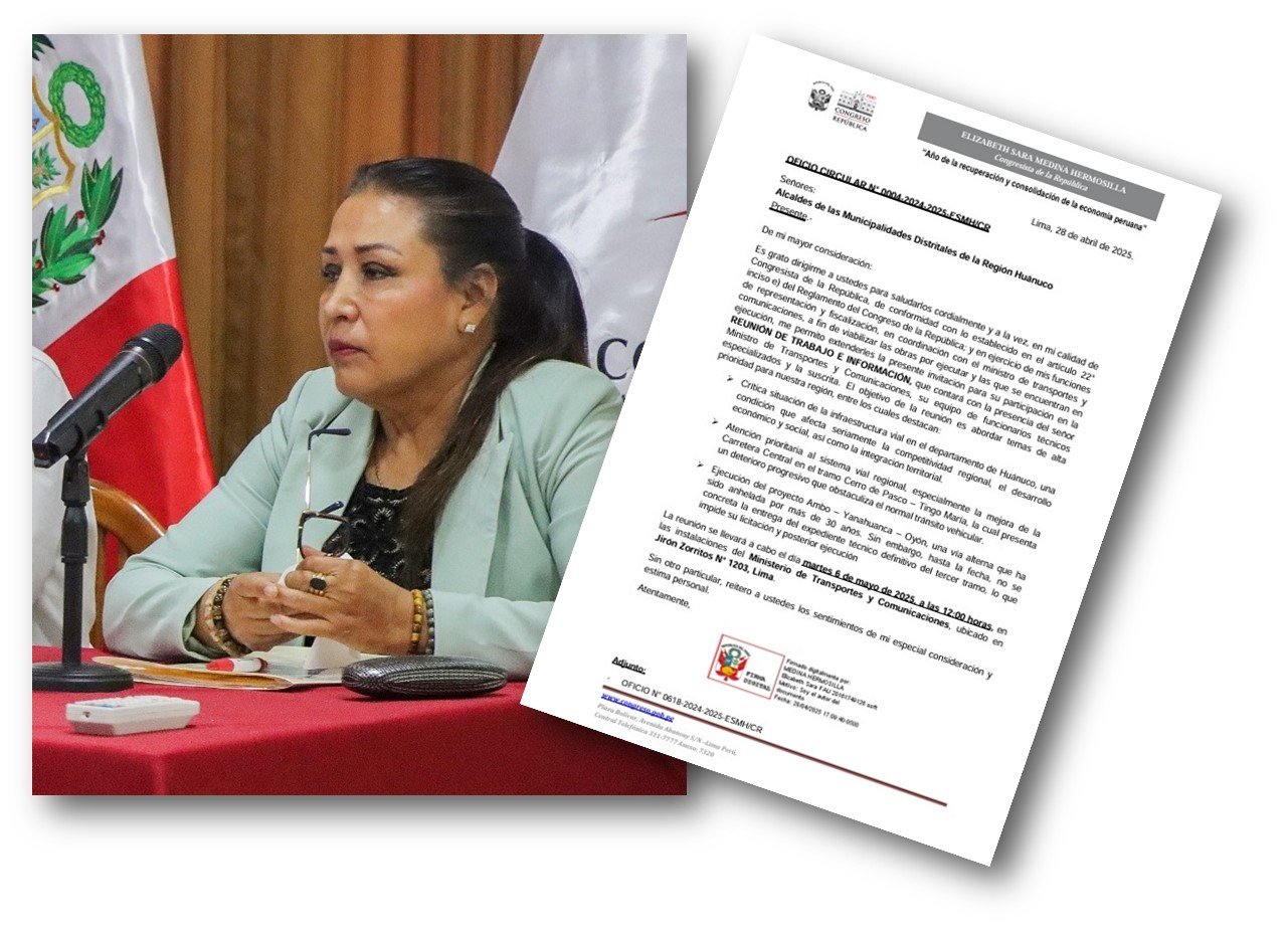 Congresista Medina cita a alcaldes de Huánuco para reunión con el MTC en Lima pese a reunión programada en Huánuco