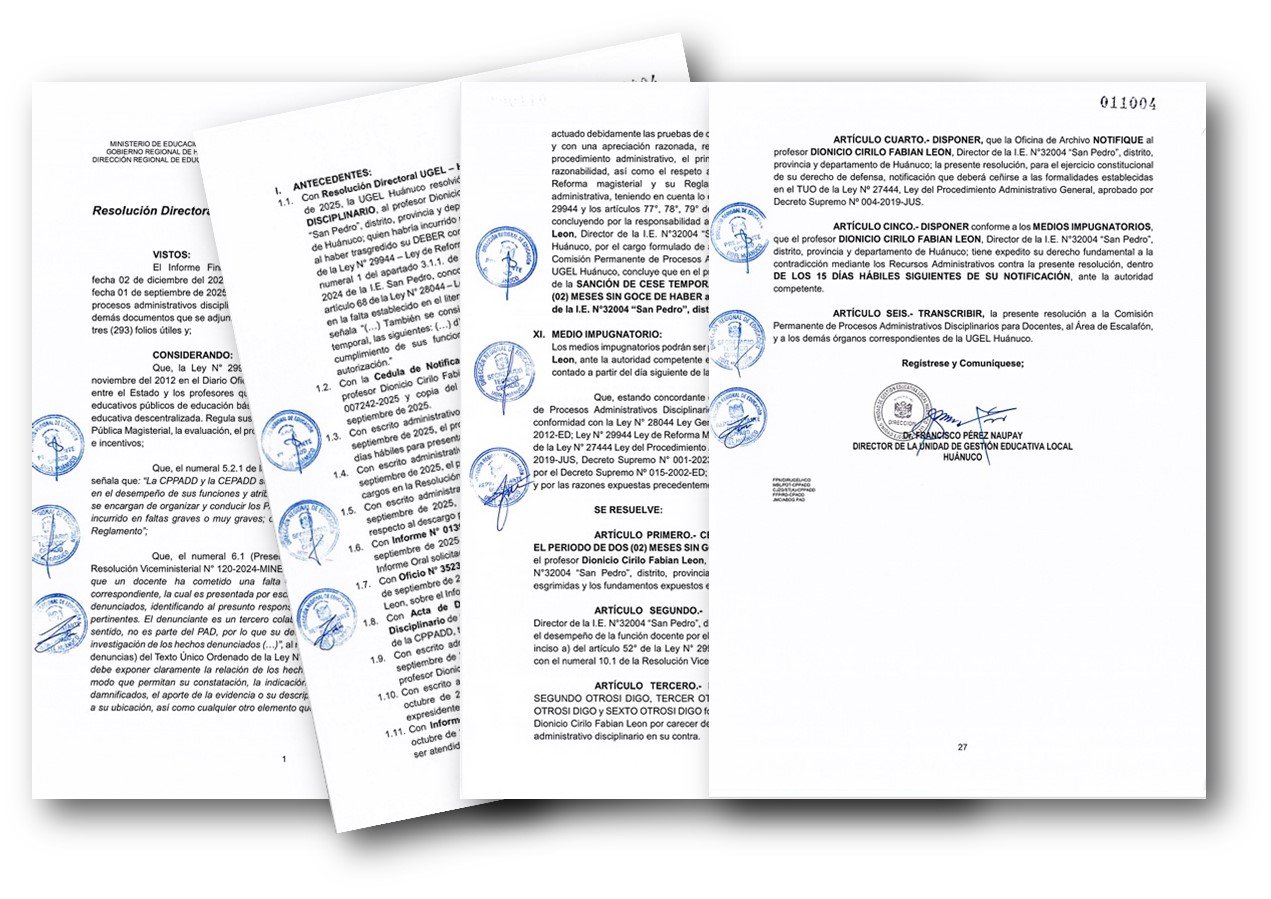 Ugel Huánuco suspende por dos meses sin goce de haber a director del colegio San Pedro